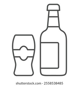 Bottle of beer and glass thin line icon, low alcohol beverages concept. Vector graphics. Bar drink sign on white background, outline style icon for mobile or web design