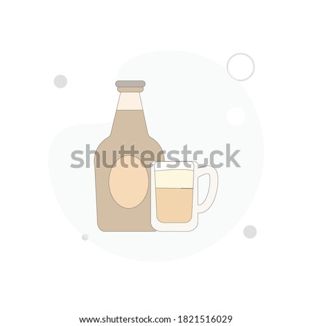 Bottle of beer with glass vector flat illustration on white background