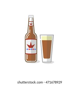 A bottle of beer with a glass of beer vector icon. 