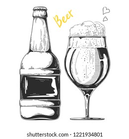 Bottle of beer. Glass with beer. Vector illustration of a sketch style.