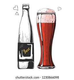 Bottle of beer. Glass with beer. Vector illustration of a sketch style.