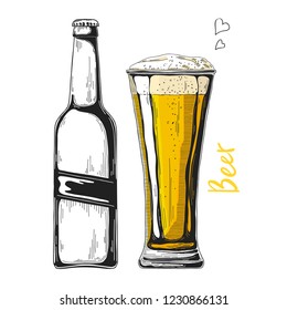 Bottle of beer. Glass with beer. Vector illustration of a sketch style.