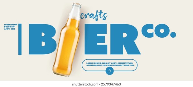 A bottle of beer with a golden liquid, placed on a light background. The text 'crafts' and 'BEER co.' is prominently displayed in bold blue letters, creating a modern and inviting design.