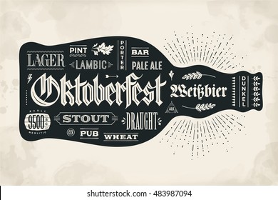 Bottle of beer with hand drawn lettering for Oktoberfest Beer Festival. Vintage drawing for bar menu, t-shirt print and beer themes. Isolated black bottle of beer with lettering. Vector Illustration