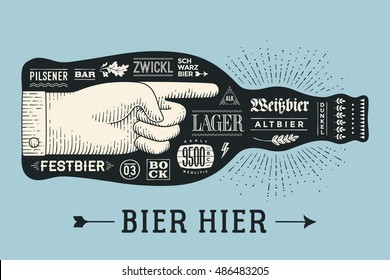 Bottle of beer with hand drawn lettering and text Bier Hier for Oktoberfest Beer Festival. Vintage drawing for bar, pub, beer themes. Isolated black bottle of beer with lettering. Vector Illustration