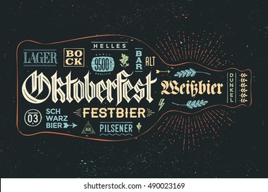 Bottle of beer with hand drawn lettering for Oktoberfest Beer Festival. Vintage drawing for bar menu, t-shirt print and beer themes. The name of beer, Varieties of beer in German. Vector Illustration