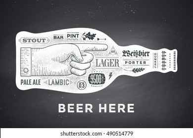 Bottle of beer with hand drawn lettering and text Beer Here for Oktoberfest Beer Festival. Vintage drawing for bar, pub, beer themes. Isolated black bottle of beer with lettering. Vector Illustration