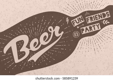 Bottle of beer with hand drawn lettering and text Beer Here for sign of Oktoberfest Beer Festival. Vintage drawing for bar, pub, beer themes. Kraft stamp with lettering. Vector Illustration