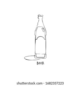 Bottle beer in hand drawn style. Restaurant illustration for celebration design. Retro sketch. Line art. Design element. Beverage outline icon. Isolated on white background in graphic style. Vector.
