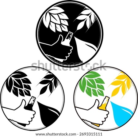 Bottle of beer in hand, hops, malt and water. Design for beer