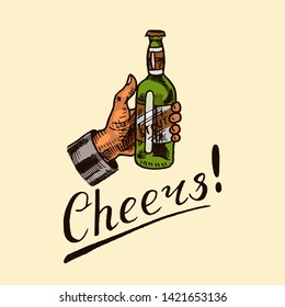 Bottle of beer in hand with the inscription Cheers toast. Template emblem or logo with calligraphy inscription for Poster. Engraving drawn sketch. Vintage background, retro banner.