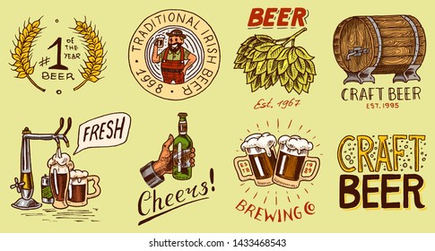 Bottle of beer in hand with the inscription Cheers toast. badge. Opener, Rye and wheat. Vintage label with calligraphic elements. American frame for poster. Hand drawn engraved sketch for pub menu.