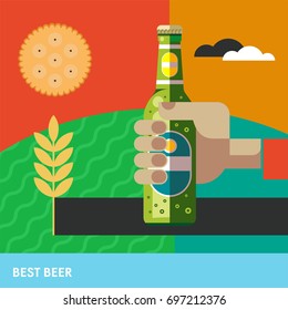 A bottle of beer in his hand. Vector illustration. The best beer.