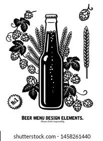 Bottle of beer with hop branches and ears of barley or wheat. Hand drawn set of vector elements isolated on white background.