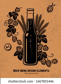 Bottle of beer with hop branches and ears of barley or wheat. Brewery, beer festival, bar, pub design elements. Hand drawn vector illustration isolated  on old brown paper background.