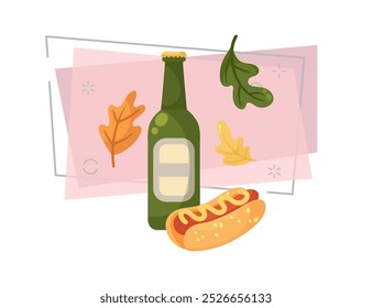 Bottle of beer and hot dog vector illustration. Cartoon drawing for banner design. Autumn leaves on abstract background. Oktoberfest, beer festival, celebration, autumn, Germany concept