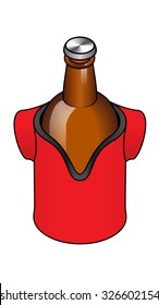 A bottle of beer in a jersey-shaped insulated stubbie holder. 