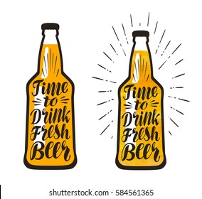 Botella de cerveza, lager. Es hora de beber cerveza fresca, con letras. Ilustración del vector