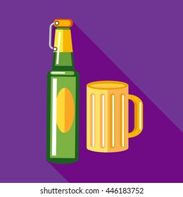 Bottle of beer and a mug full of beer icon in flat style on a plum background
