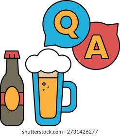 A bottle of beer and a mug of beer with a question mark and an A above them. The image is about asking questions and enjoying a cold beer
