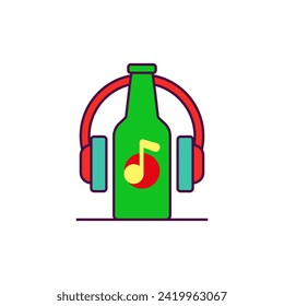 A bottle of beer with a musical note and headphones. Beer and music. Color vector. 