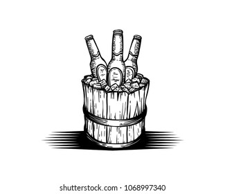 Bottle Beer on the Basket of Barrel with Ice Hand Drawn Symbol Vintage Logo Vector