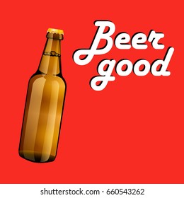 A bottle of beer on a red background with text, an advertising banner, a drink, alcohol