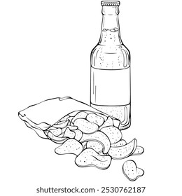 Bottle of beer and open packet of fried potato chips. Snack food. Vector illustration in hand drawn sketch doodle style. Line art isolated on white for coloring book, print