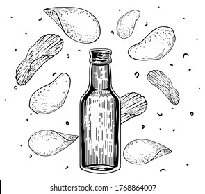 bottle of beer with potato chips falling around, hand drawn vector engraving style