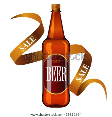 Bottle of beer with ribbon on white background