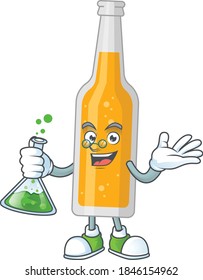 Bottle of beer smart Professor Cartoon character holding glass tube on the lab. Vector illustration