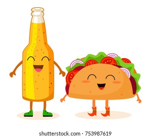 Bottle of beer and taco. Stylized characters. Vector illustration.