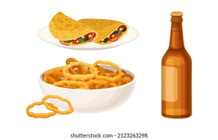 Bottle of beer, tacos and fried onion rings vector illustration