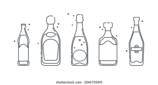 Bottle beer tequila champagne rum martini line art in flat style. Restaurant alcoholic illustration for celebration design. Design contour element. Beverage outline icon. Isolated on white backdrop.