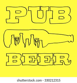 Bottle of beer with text BEER and PUB. Outline black simple vector pictogram