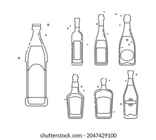 Bottle beer vodka wine champagne whiskey liquor martini line art in flat style. Restaurant alcoholic illustration for celebration design. Beverage outline icon. Isolated on white backdrop. Vector.