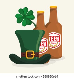 bottle beers hat and clover st patrick day design vector illustration eps 10
