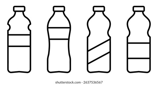 Bottle beverage container outline collection isolated minimal shape design packaging plastic water drink fluid icon vector illustration set.