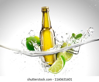 Bottle of beverage with lime and mints flowing in transparent liquid in 3d illustration