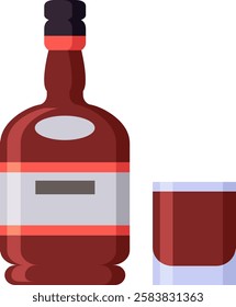 Bottle with blank label and glass containing red liquor on white background representing a concept related to alcoholic beverages, party or celebration