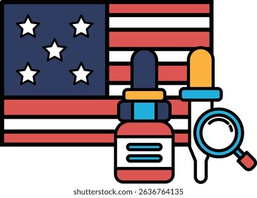 A bottle with a blue cap is placed next to a red, white, and blue American flag. The bottle appears to be a medicine bottle, and the flag represents the United States