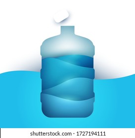Bottle with blue clear mineral water and falling drop on white background. Abstract art composition in modern geometric style. Minialistic concept design template for branding. Vector illustration.