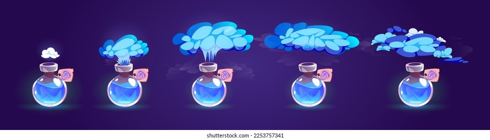 Bottle with blue magic potion and smoke for game animation. Sprite sheet of vapour cloud from glass jar with elixir or poison, vector cartoon illustration isolated on background