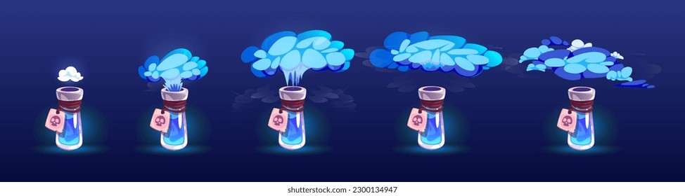 Botella con poción mágica azul y humo para la animación de juegos. Hojas esprimentas de la nube de vapor de un frasco de vidrio con elixir o veneno, etiqueta con cráneo, ilustración vectorial de dibujos aislados en el fondo