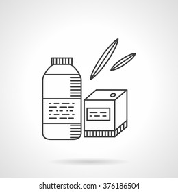 Bottle and box with labels and leaves decor. Organic food. Herbal tea. Healthy nutrition. Vector icon flat thin line style. Element for web design, business, mobile app. 