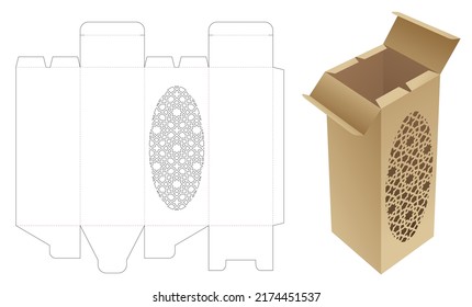 Bottle box with stenciled pattern window die cut template and 3D mockup