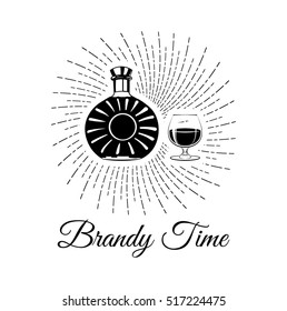 Bottle Of Brandy bourbon, whiskey, cognac And Glass. Lets drink lettering. Alcohol Vector Illustration.
