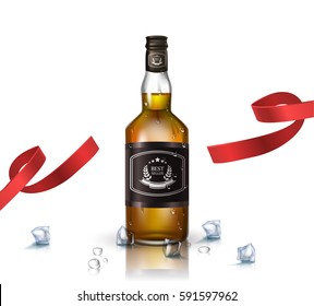 Bottle of brandy ,bourbon, whiskey, cognac with red ribbon, isolated on white. Poster or brochure template.