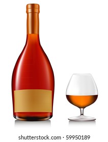 Bottle with brandy and glass with ice isolated on white. Vector.