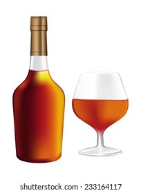 Bottle of brandy with a glass - vector drawing